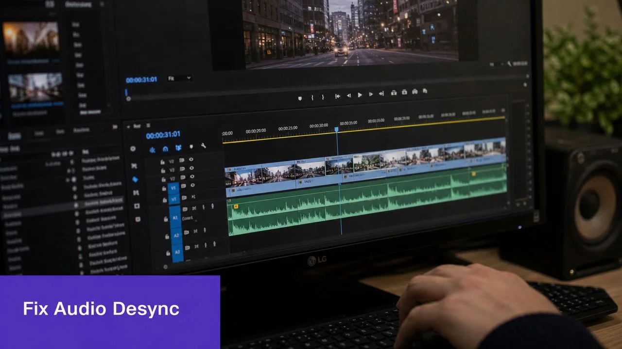 A video editor using editing software on a computer to fix audio synchronization issues in a project.