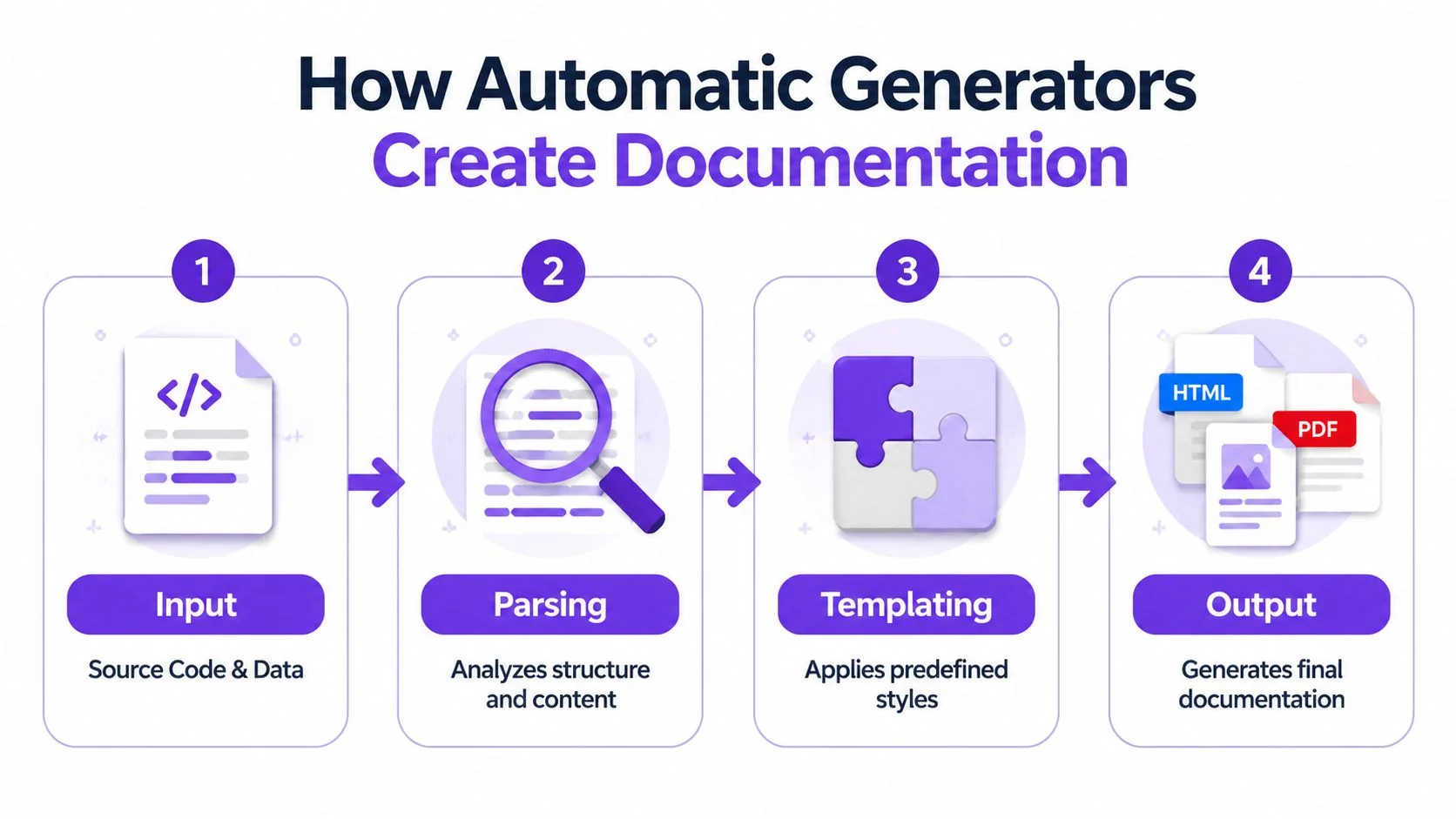A diagram illustrating the four-step process of how automatic generators create professional documentation from source code.