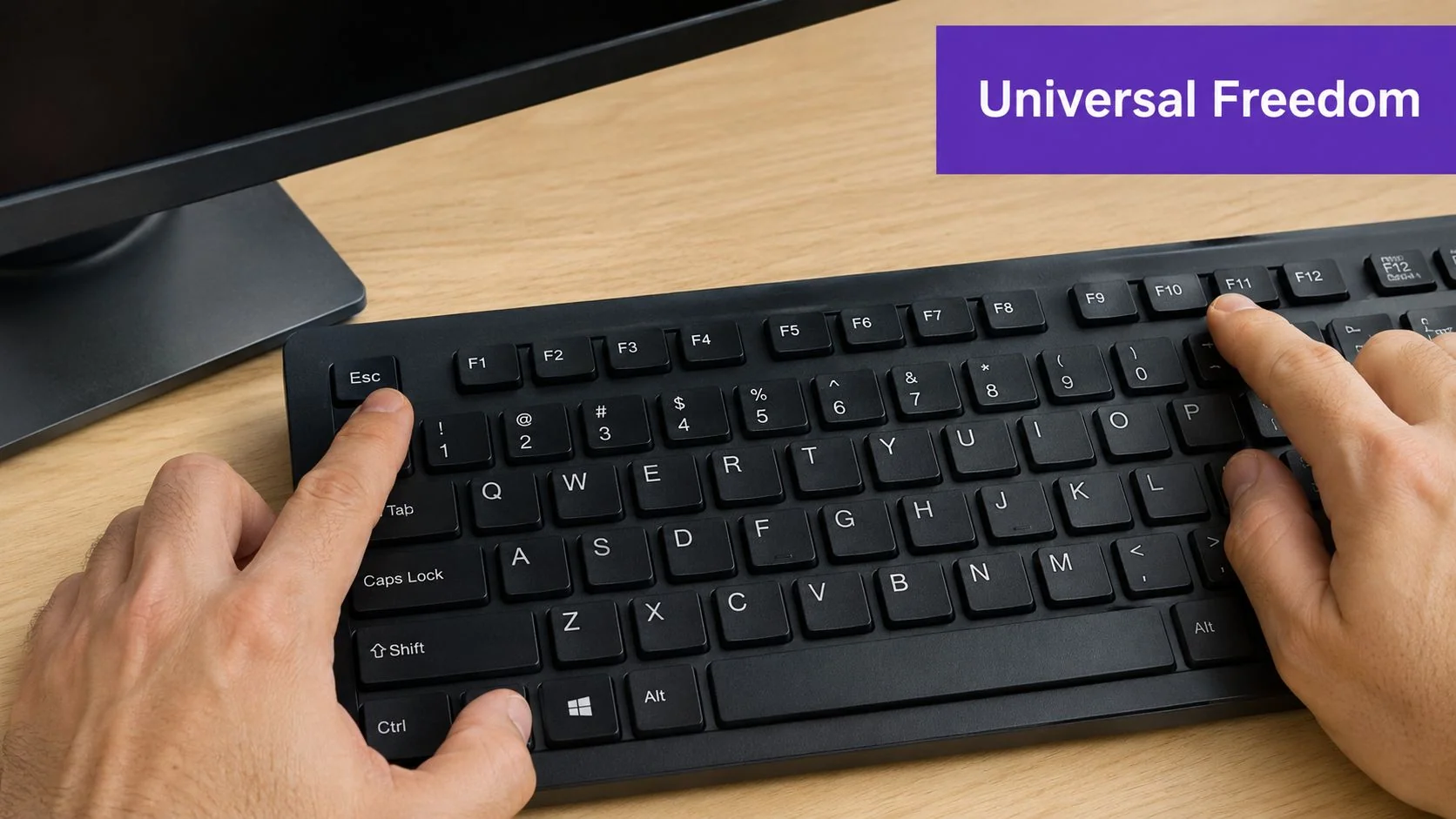 A pair of hands on a keyboard, with one finger pressing the Esc key to exit full screen.