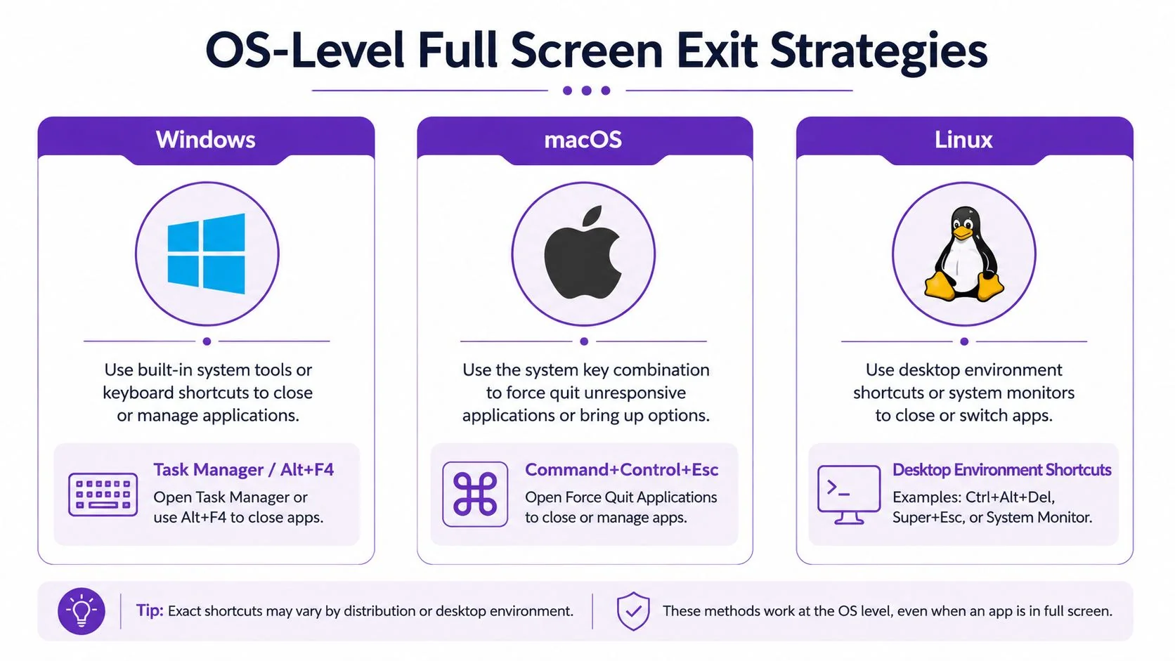 An infographic showing operating system level keyboard shortcuts for exiting full screen applications on Windows, macOS, and Linux.