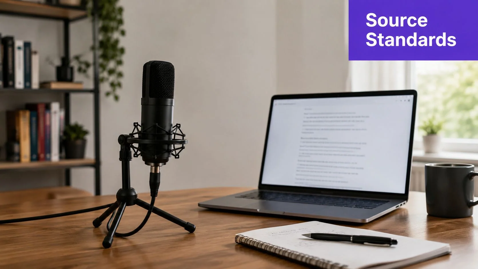 A professional podcast setup featuring a condenser microphone on a desk with a laptop and notebook.