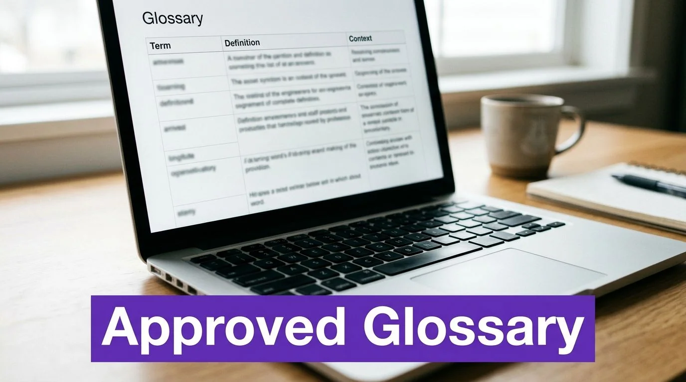 A laptop on a wooden desk displaying an approved glossary table with technical terminology.