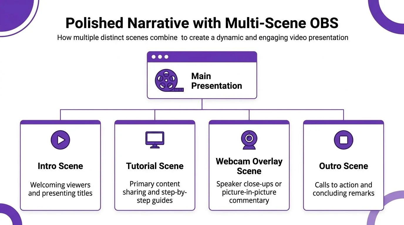 A diagram illustrating how to organize multiple OBS scenes for a professional video presentation flow.