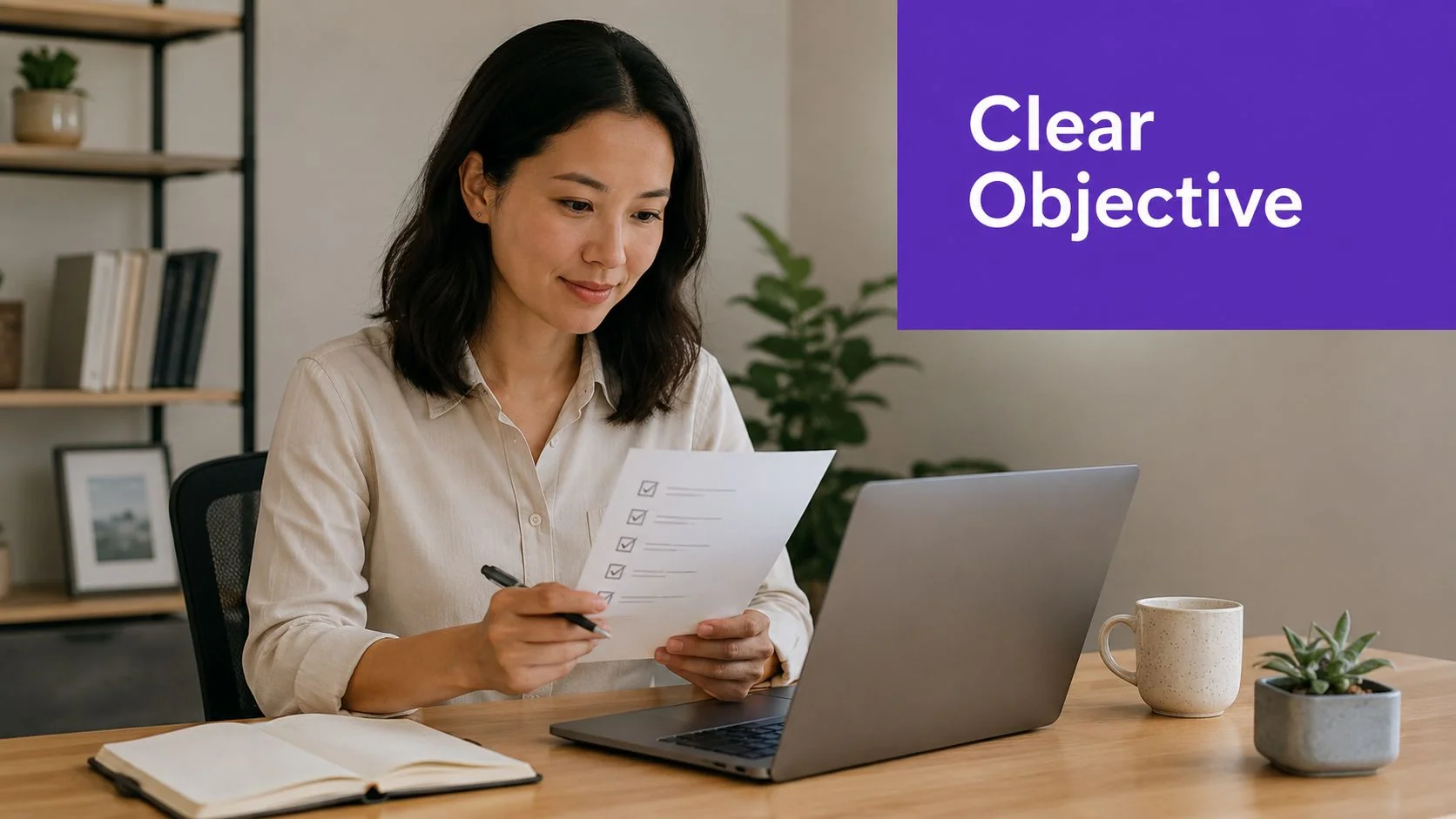 A professional woman checking items on a document while working on her laptop at a home office.