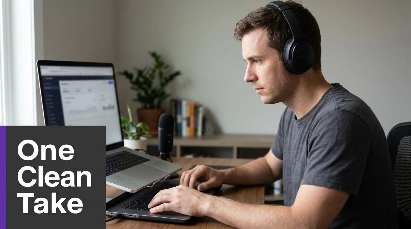 A man wearing headphones works at his laptop in a home office during a product demonstration session.