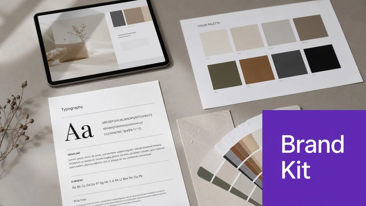 A professional brand kit layout featuring a tablet, typography document, color palette, and a color swatches fan.