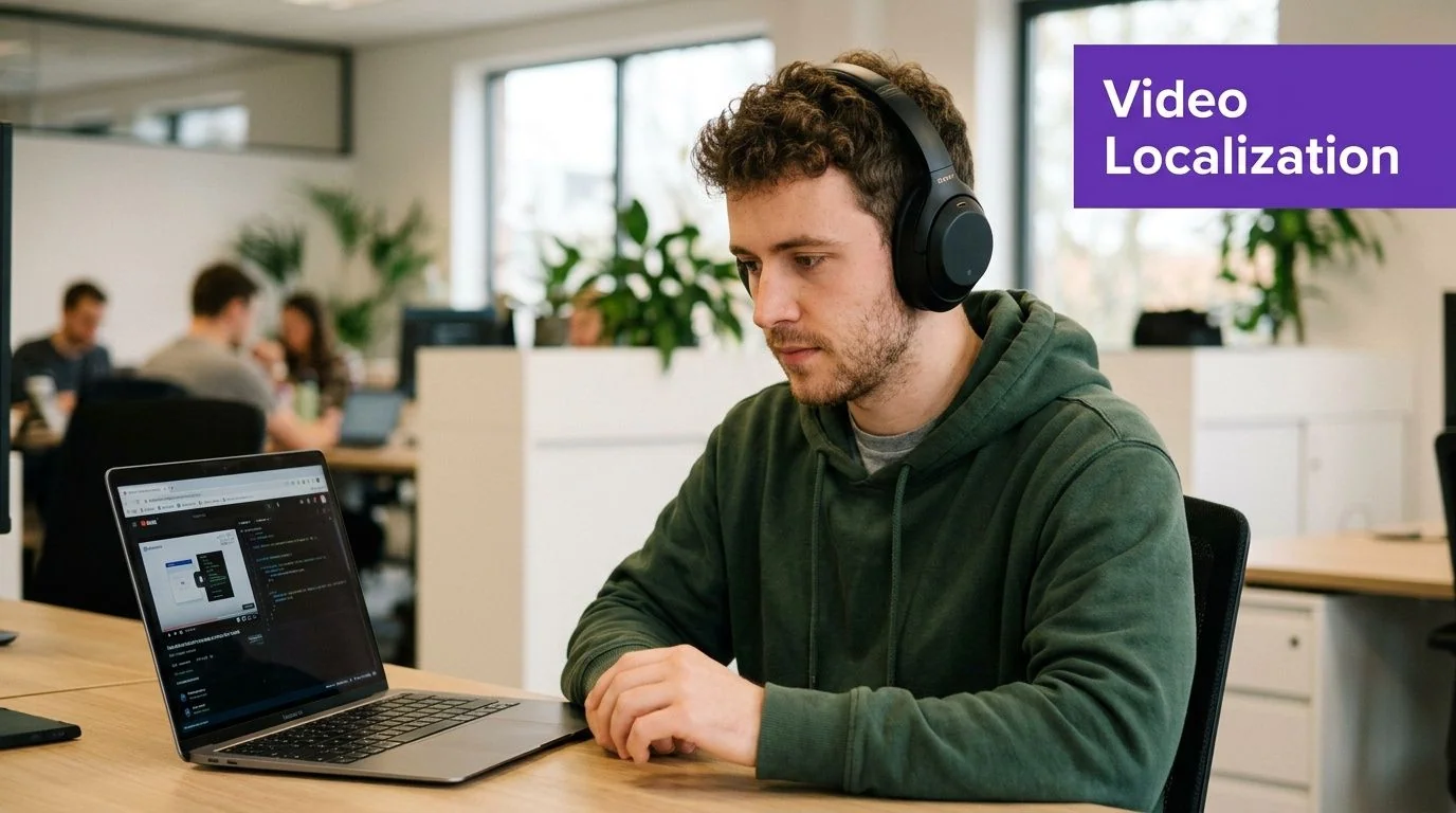A young man with headphones sitting in an office, working on technical documentation translation on his laptop.