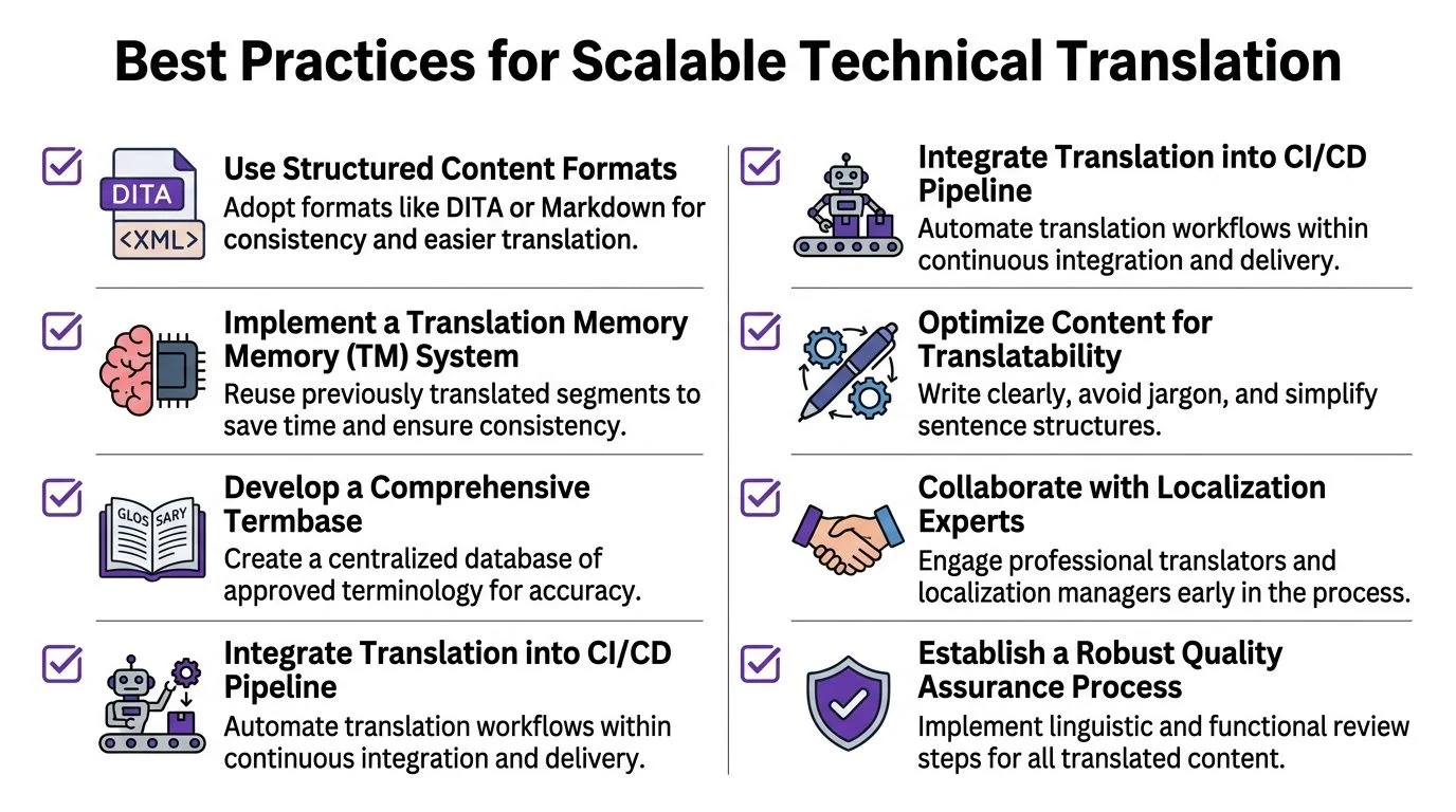 An infographic titled Best Practices for Scalable Technical Translation showing eight key strategies for efficient content localization.