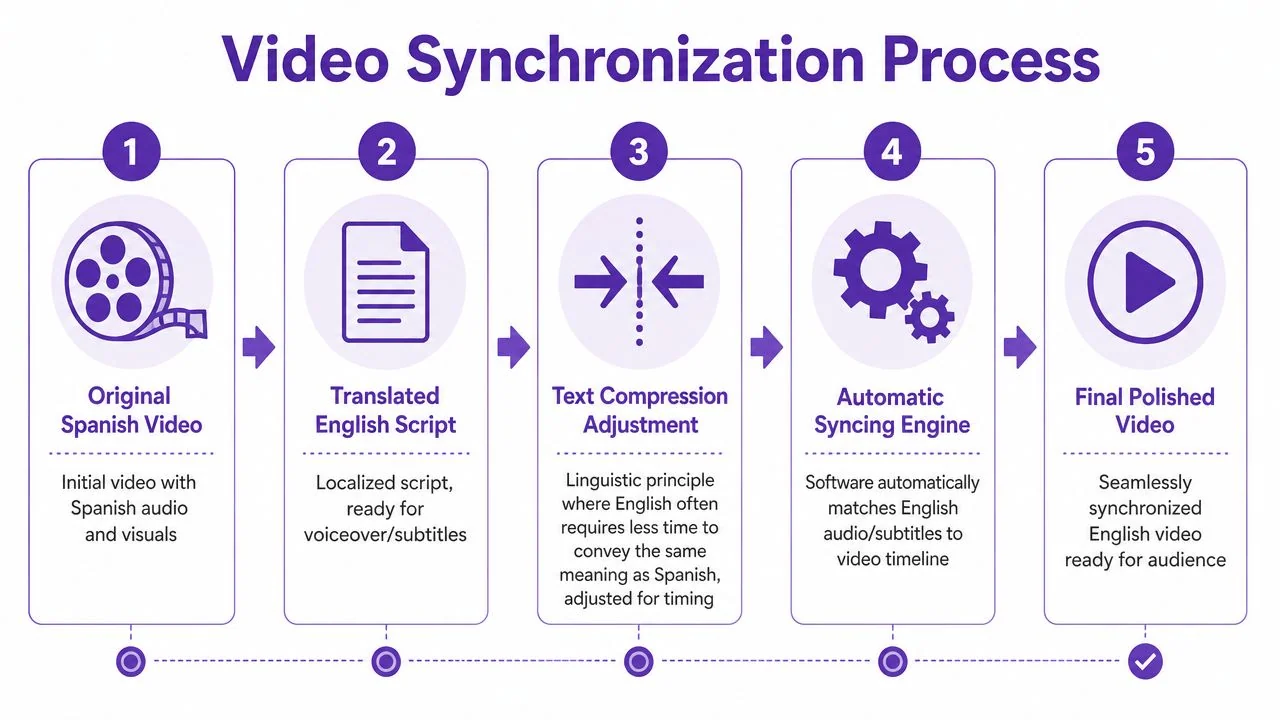 A five-step infographic illustrating the professional process of synchronizing translated English audio with Spanish video content.