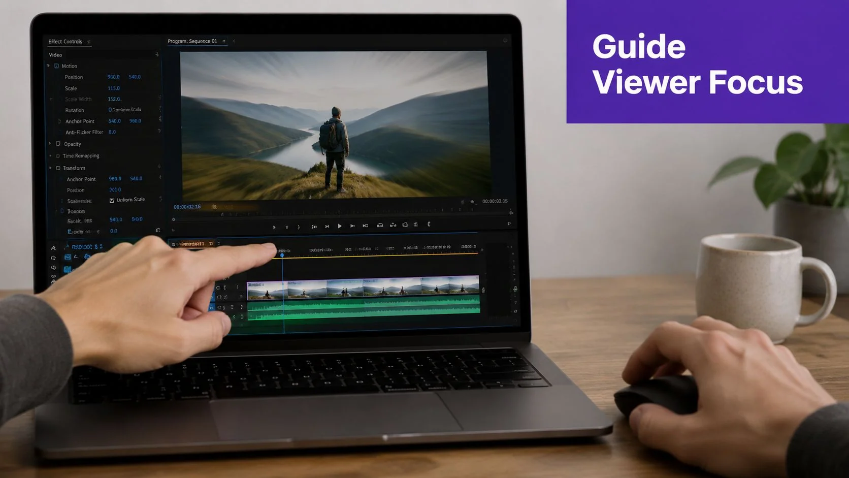 A person editing a video of a hiker on a mountain landscape using professional editing software.