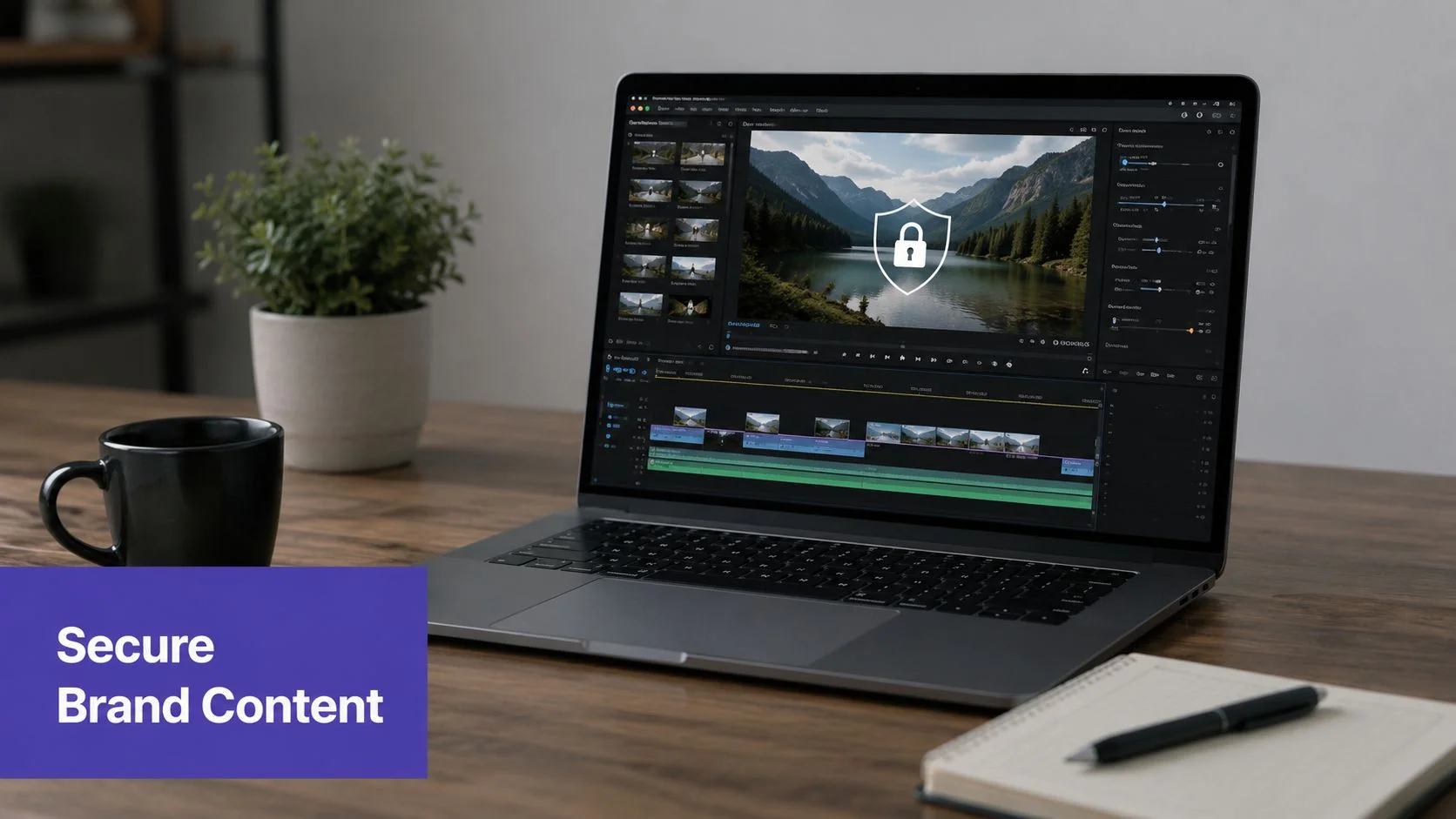 A laptop open on a wooden desk displaying video editing software with a secure lock icon overlay.
