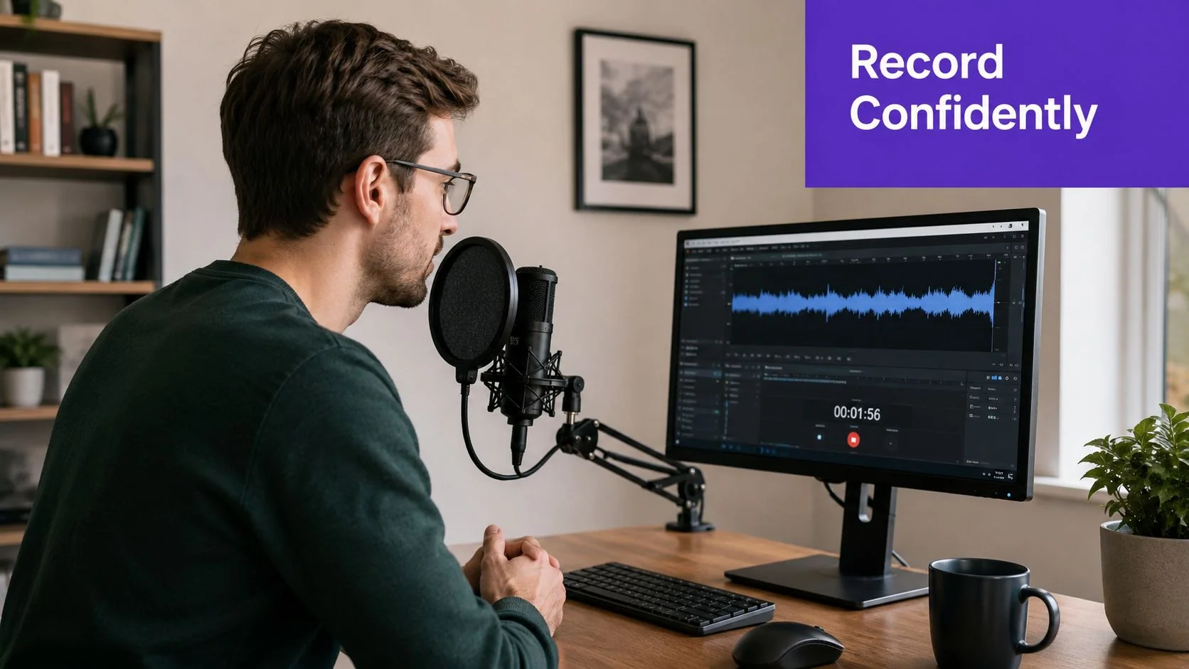 A professional man recording audio in his home office setup while looking at a computer monitor screen.