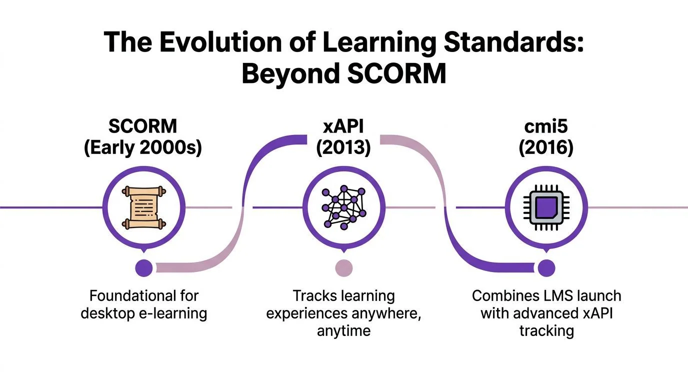 A timeline graphic showing the evolution of e-learning standards including SCORM, xAPI, and cmi5.