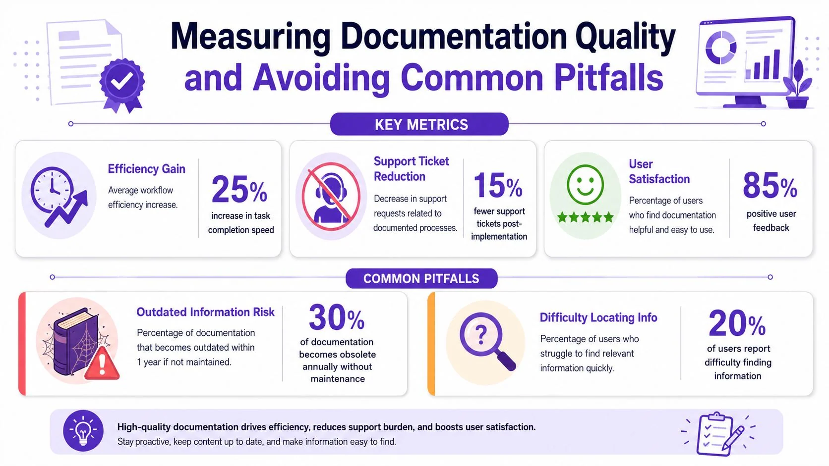 An infographic showing key metrics and common pitfalls for measuring and improving software documentation quality.
