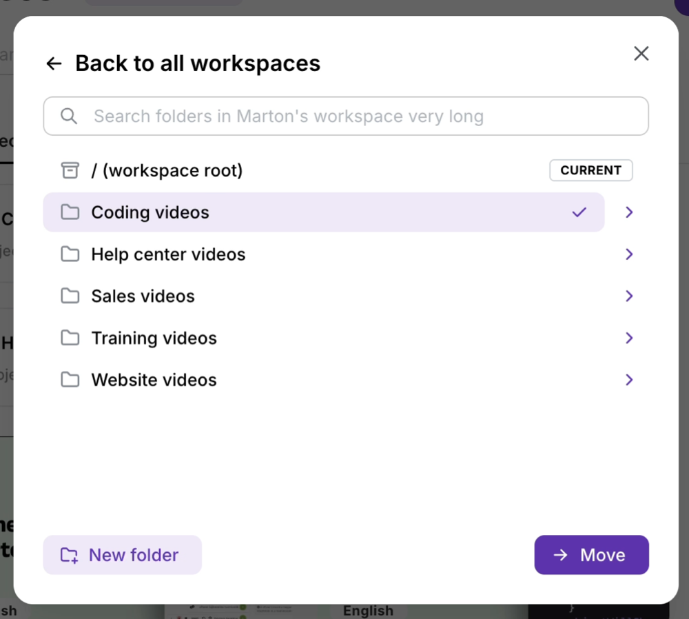 New Folder button at the bottom of the folder selector popup