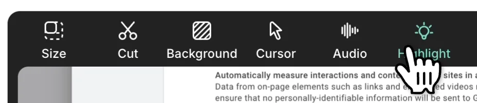 The video preview toolbar with Size, Cut, Background, Cursor, Audio, and Highlight options — the Highlight icon is selected