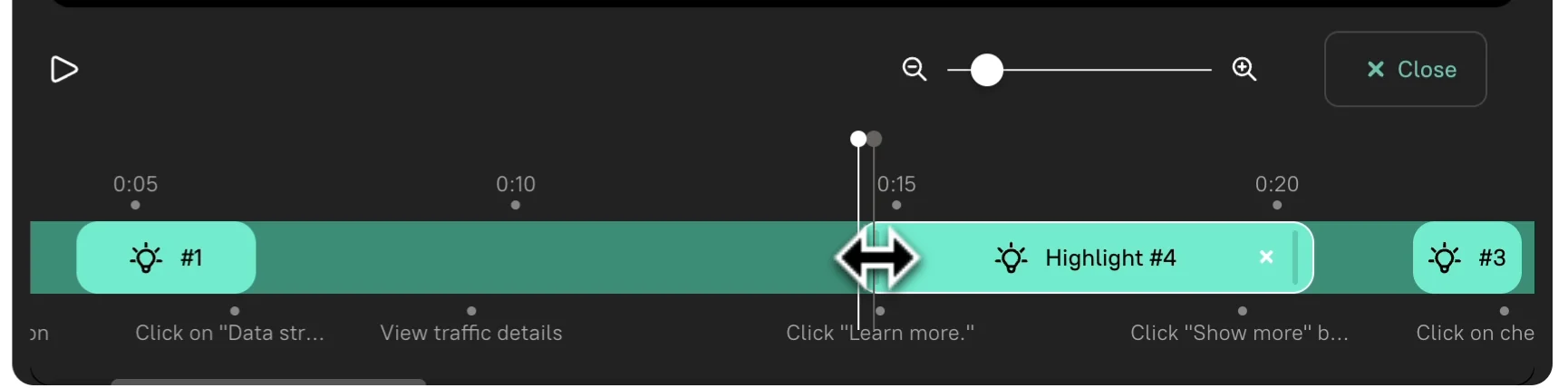 The video timeline zoomed in to show multiple highlight segments — a horizontal-arrow drag cursor on the right edge of a highlight indicates the segment is being trimmed