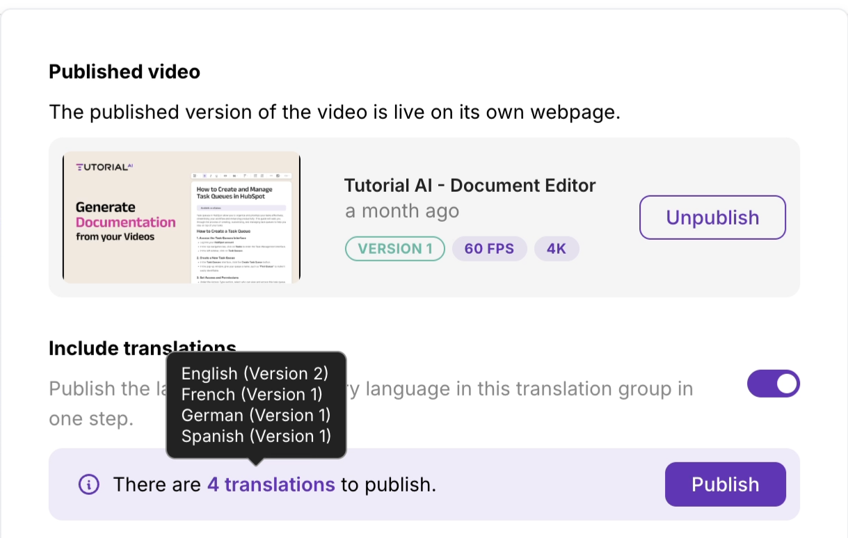 Share menu with generate and publish controls for a translated language