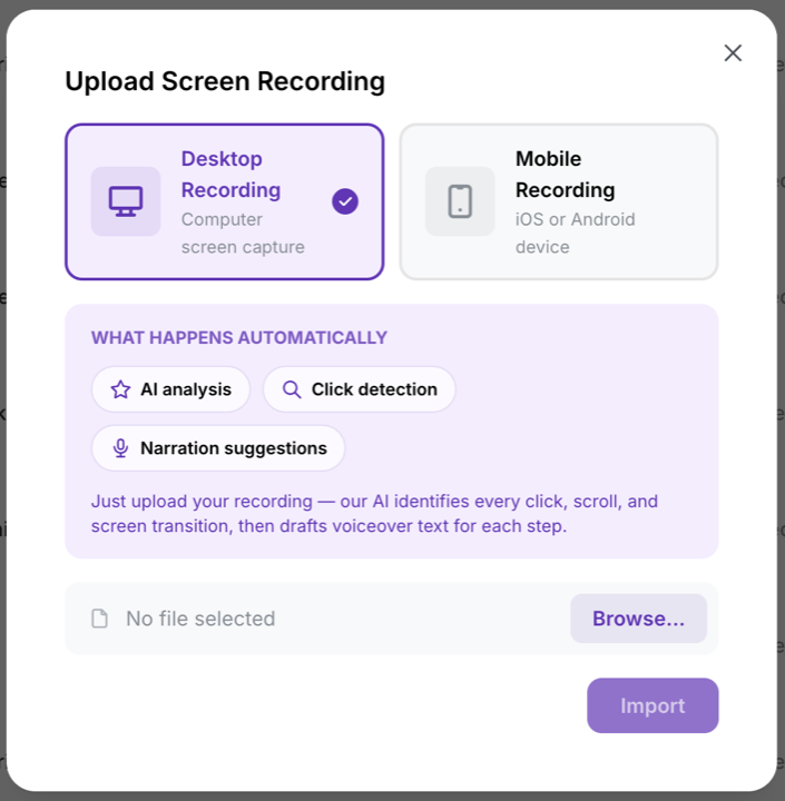 Upload screen recording modal asking for desktop or mobile